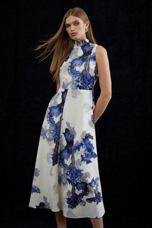 Karen Millen UK SALE Tailored Crepe Floral Print Tie Neck Midi Dress