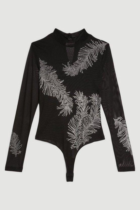 Karen Millen UK SALE Feather Mesh Embellished Jersey Bodysuit