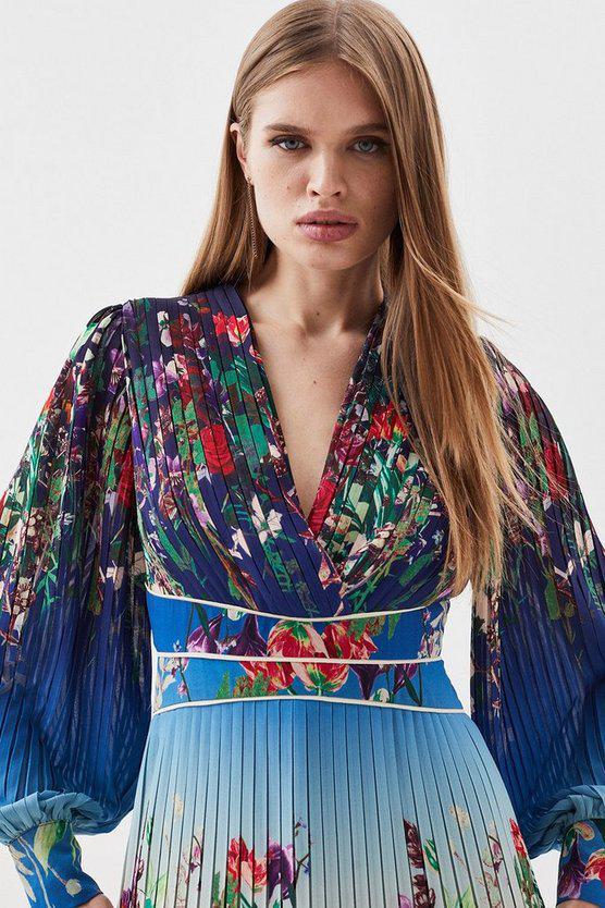 Karen Millen UK SALE Pleat Detail Floral Long Sleeve Mini Dress