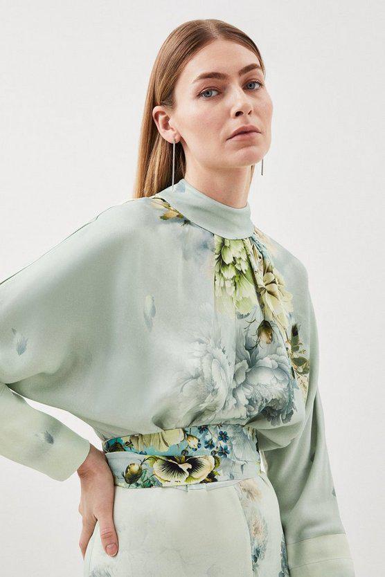 Karen Millen UK SALE Garden Floral Woven Viscose Satin Batwing Midi Dress