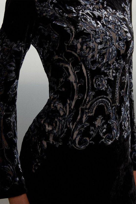 Karen Millen UK SALE Petite Placed Velvet Devore Long Sleeve Woven Mini Dress