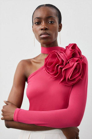 Karen Millen UK SALE One Shoulder Drapey Ruched Jersey Rosette Bodysuit - pink