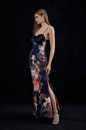 Karen Millen UK SALE Contrast Satin Floral Bustier Woven Midi Dress