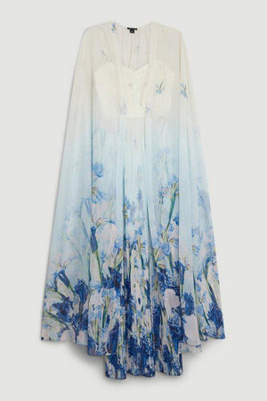 Karen Millen UK SALE Scattered Floral Print Woven Pleated Cape Maxi Dress