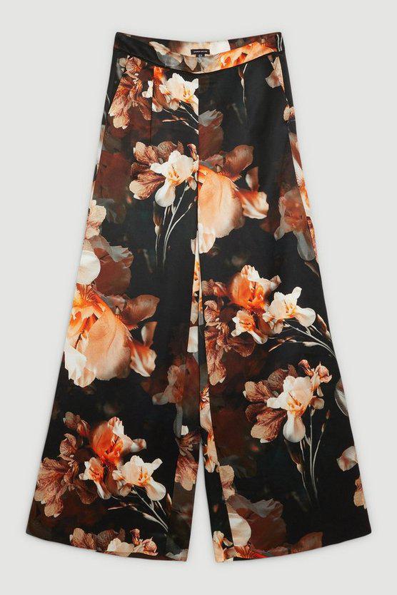 Karen Millen UK SALE Lily Print Viscose Satin Woven Wide Leg Trousers