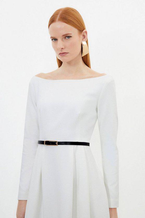Karen Millen UK SALE Compact Stretch Off Shoulder Full Skirt Tailored Midi Dress - ivory