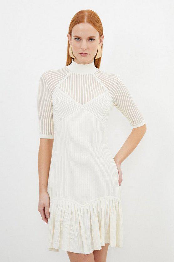 Karen Millen UK SALE Viscose Blend Sheer Knit Peplum Mini Dress - ivory