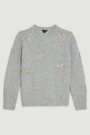Karen Millen UK SALE Wool Blend Embellished Cosy Knit Jumper - grey marl