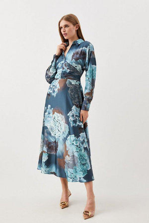 Karen Millen UK SALE Abstract Floral Draped Satin Woven Midi Dress