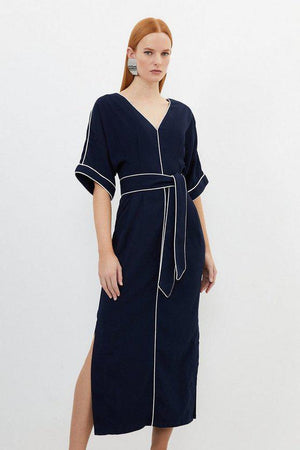 Karen Millen UK SALE Contrast Piping Satin Back Crepe Woven Midi Dress
