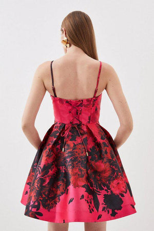 Karen Millen UK SALE Floral Printed Satin Twill Woven Mini Dress