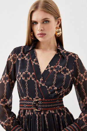 Karen Millen UK SALE Geo Pleated Georgette Belted Woven Maxi Dress
