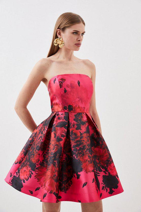 Karen Millen UK SALE Floral Printed Satin Twill Woven Mini Dress