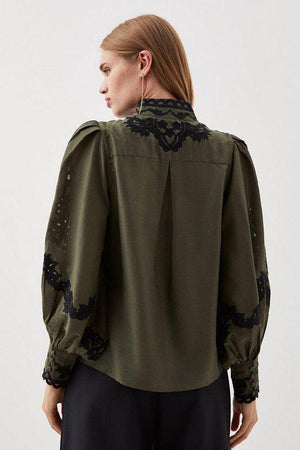 Karen Millen UK SALE Lydia Millen Cotton Embroidered Woven Blouse - khaki