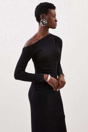 Karen Millen UK SALE Viscose Blend Asymmetric Ruched Knit Maxi Dress - black