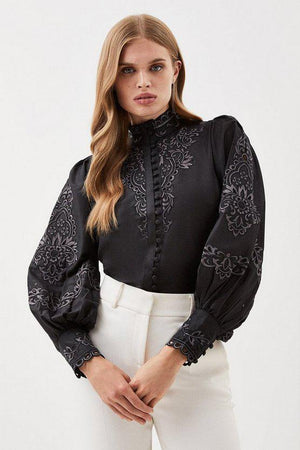 Karen Millen UK SALE Lydia Millen Cotton Embroidered Woven Blouse - black