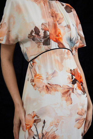 Karen Millen UK SALE Blurred Floral Woven Column Angel Sleeve Maxi Dress