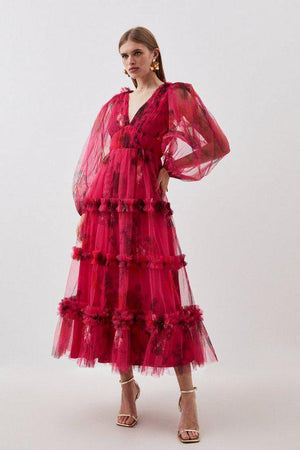 Karen Millen UK SALE Floral Tulle Plunge Woven Maxi Dress - pink