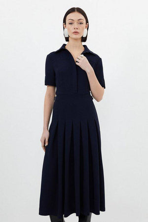 Karen Millen UK SALE Tailored Crepe Short Sleeve Pleated Midi Dress - navy
