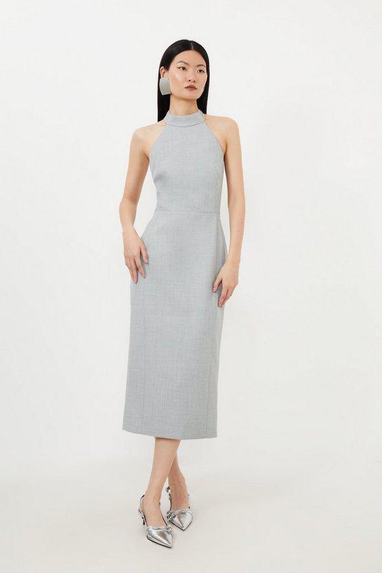 Karen Millen UK SALE Tailored Wool Blend Tie Back Detail Halter Neck Pencil Dress