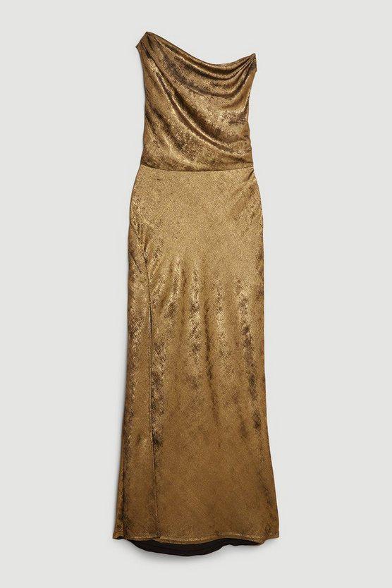 Karen Millen UK SALE Premium Metallic Ruched One Shoulder Woven Maxi Dress