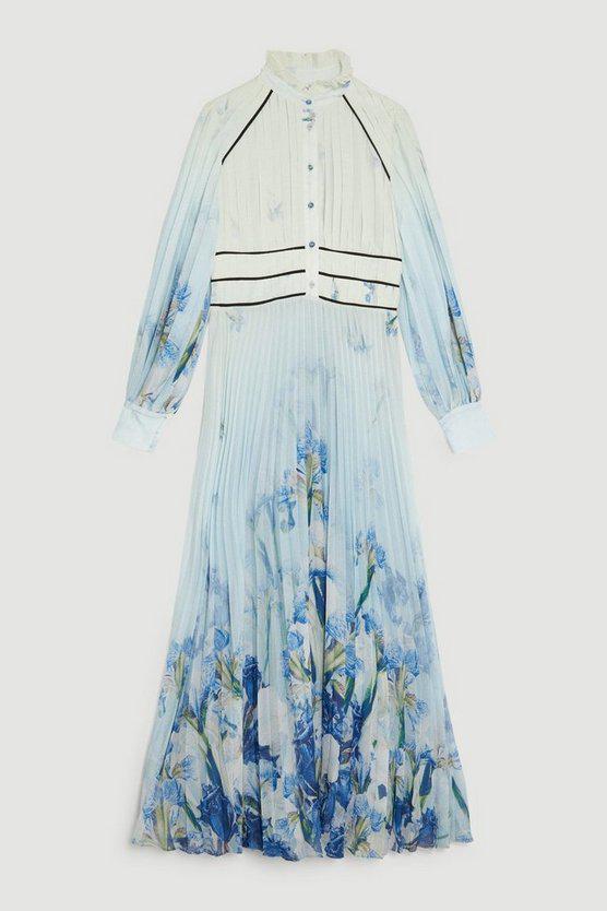 Karen Millen UK SALE Scattered Floral Print Pleated Maxi Dress