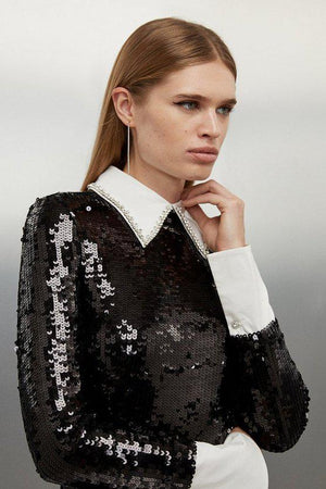 Karen Millen UK SALE Black Sequin Woven Long Sleeve Crop Top