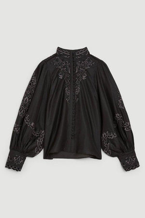 Karen Millen UK SALE Lydia Millen Cotton Embroidered Woven Blouse - black