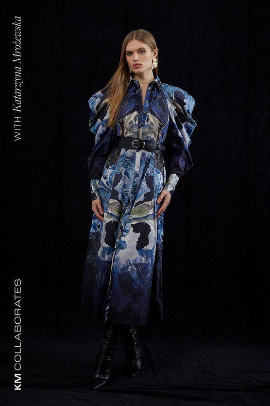 Karen Millen UK SALE Mirrored Floral Print Cotton Sateen Midi Dress