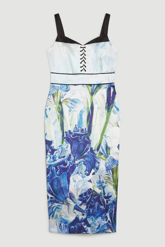Karen Millen UK SALE Placed Floral Woven Twill Eyelet Detail Pencil Dress