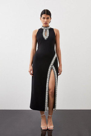 Karen Millen UK SALE Crystal Embellished Woven Thigh Split Midi Dress - black