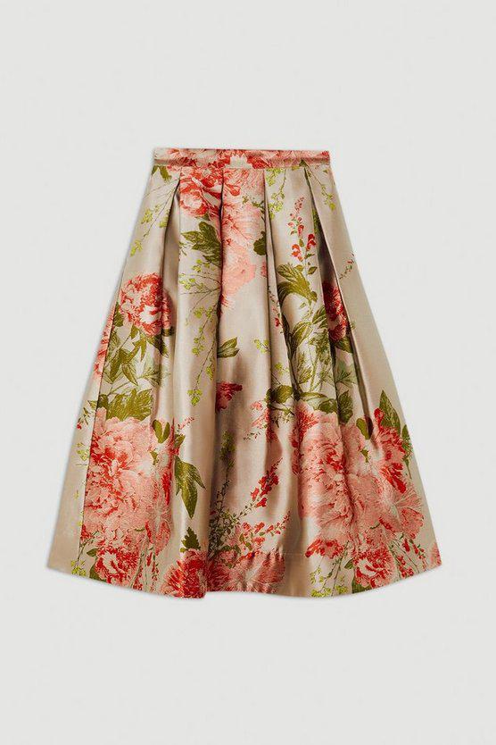 Karen Millen UK SALE Vintage Floral Print Woven Prom Midi Skirt