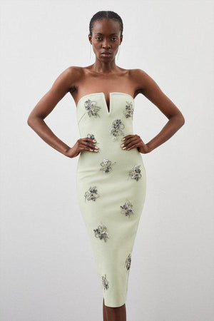 Karen Millen UK SALE Figure Form Bandage Embellished Bandeau Knit Midi Dress - sage