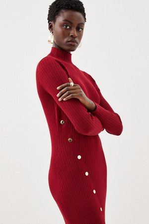 Karen Millen UK SALE Viscose Blend Popper Detail Split Knit Midaxi Dress