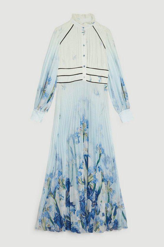Karen Millen UK SALE Petite Scattered Floral Print Pleated Maxi Dress