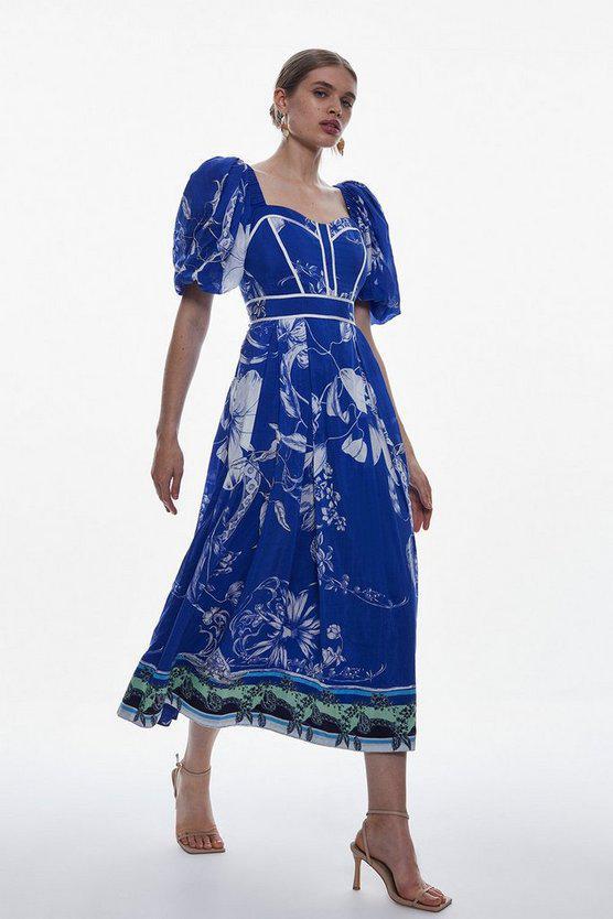 Karen Millen UK SALE Placed Floral Silk Cotton Midi Dress