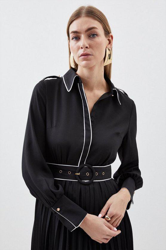 Karen Millen UK SALE Piping Detail Woven Belted Midi Dress