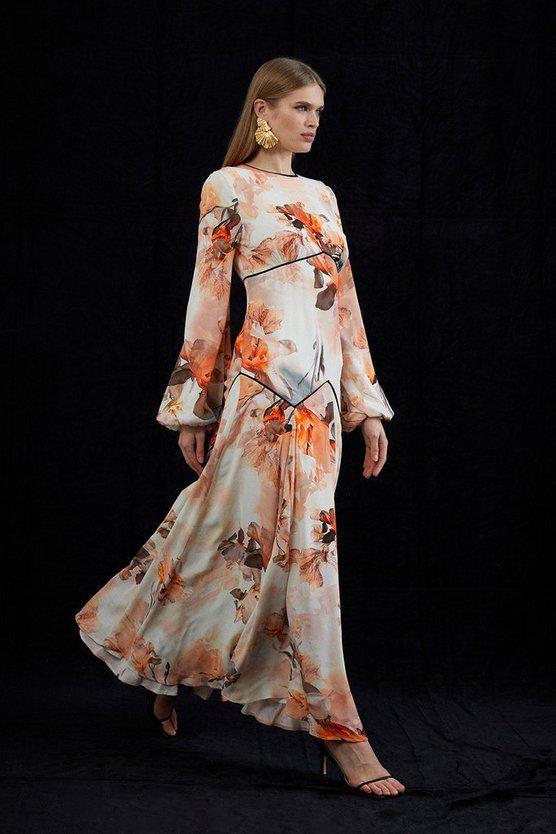Karen Millen UK SALE Blurred Floral Woven Column Maxi Dress