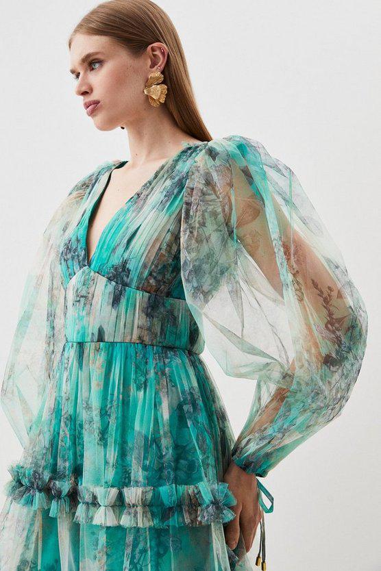 Karen Millen UK SALE Floral Tulle Plunge Woven Maxi Dress - green