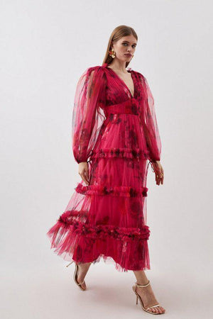 Karen Millen UK SALE Floral Tulle Plunge Woven Maxi Dress - pink