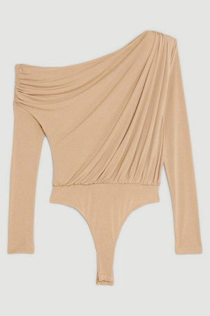 Karen Millen UK SALE Drapey Crepe Jersey Asymmetrical Bodysuit - sand