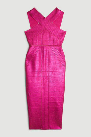 Karen Millen UK SALE Figure Form Bandage Foiled Cross Front Knit Midi Dress - pink