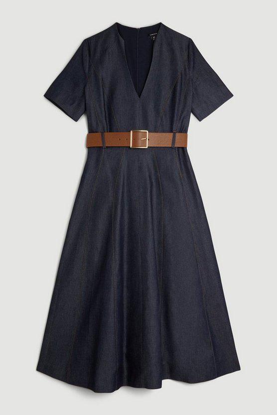 Karen Millen UK SALE Tailored Denim Short Sleeve Full Skirt Midi Dress