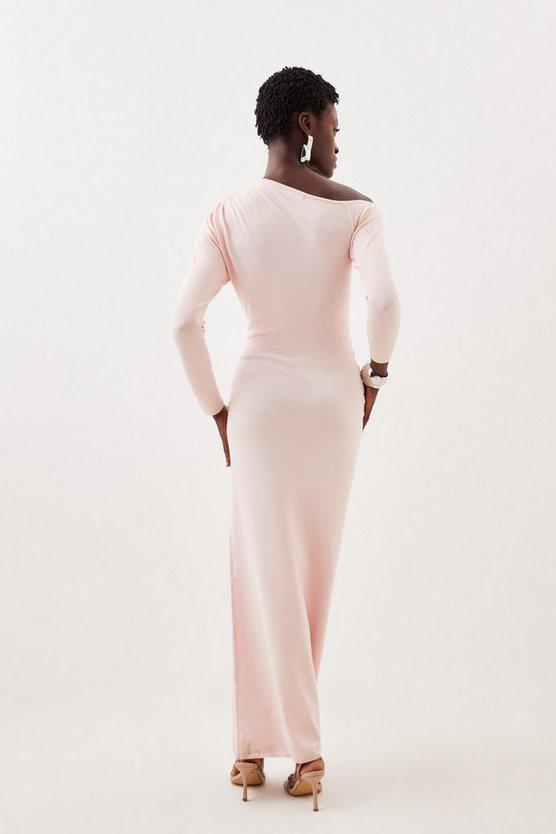 Karen Millen UK SALE Viscose Blend Asymmetric Ruched Knit Maxi Dress - soft pink