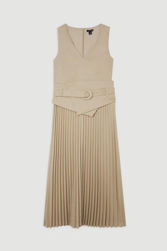 Karen Millen UK SALE Tailored Wool Blend Belted Pleat Detail Midi Dress - stone