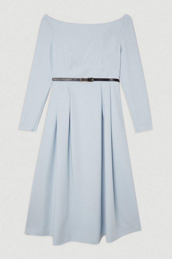Karen Millen UK SALE Compact Stretch Off Shoulder Full Skirt Tailored Midi Dress - light blue