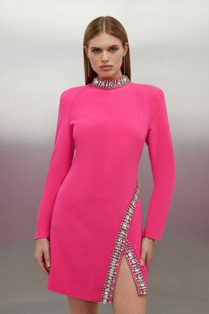 Karen Millen UK SALE Crystal Embellished Woven Long Sleeve Mini Dress