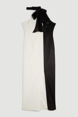 Karen Millen UK SALE Tailored Satin Back Crepe Tie Neck Contrast Panel Maxi Dress - mono