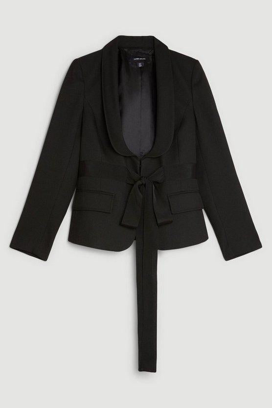 Karen Millen UK SALE The Founder Premium Twill Tie Waist Detail Blazer - black