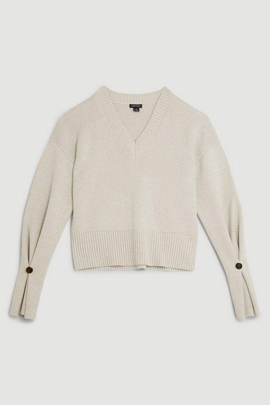 Karen Millen UK SALE V Neck Premium Alpaca Wool Blend Mid Weight Full Sleeve Knit Jumper - oatmeal